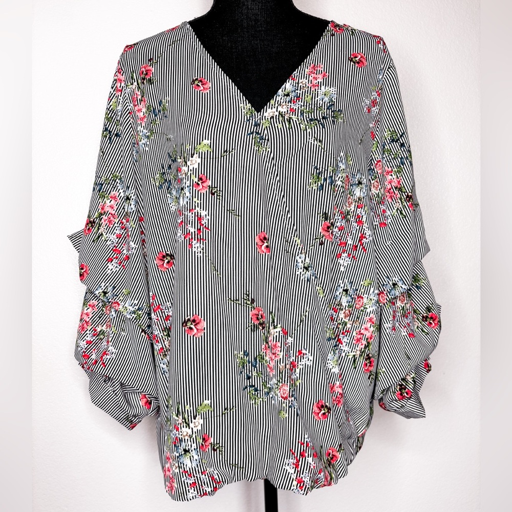 Gibson Latimer Striped Floral‎ Pleated Sleeve Crossover Blouse Size M
